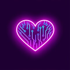 Neon heart icon with circuit board pattern in glowing pink and blue lights on a dark background. Concept of digital love, artificial intelligence, and technology.