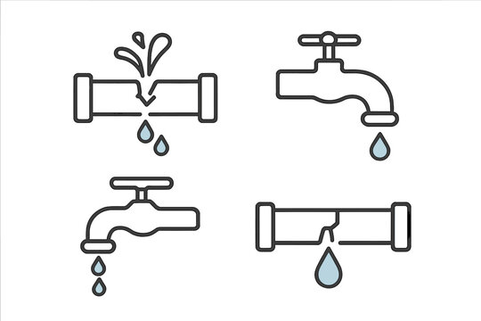 Broken pipes leaking water and faucets dripping liquid drops, set of plumbing problem symbols