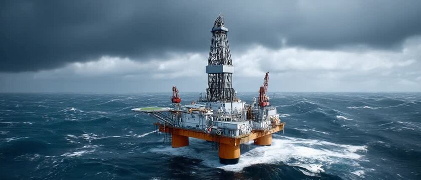 Oil Rig Amidst the Storm: A majestic oil rig, engineered for extracting the earth's resources, stands resolute amidst a turbulent ocean.
