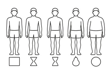 Five male body types outline figures with geometric shapes for health and fitness concepts