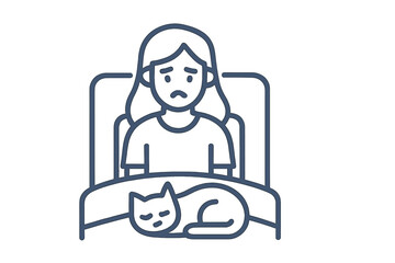 Naklejka premium Sad woman sitting in bed with a cat sleeping next to her under the blanket