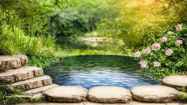 Tranquil garden pond with stone steps and flowers