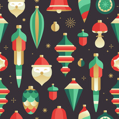 Merry Christmas and Happy New Year holiday seamless pattern with tree toys, baubles, knick knacks, mushrooms and decorations. Vector illustration.