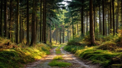 Obraz premium Serene Pathway Through Lush Green Forest Embraced by Tall Trees and Soft Sunlight Filtering Through Leaves Ideal for Nature Enthusiasts and Outdoor Lovers