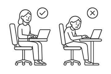 Comparison of correct and incorrect ergonomic posture while working on a laptop at a desk