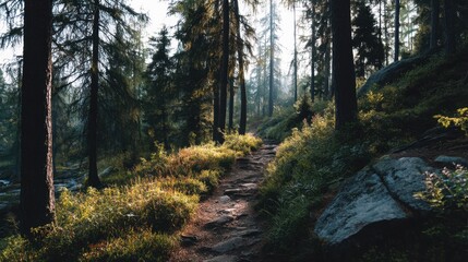 Fototapeta premium Serene Forest Pathway Surrounded by Tall Evergreen Trees and Sunlight Filtering Through Foliage in a Peaceful Natural Setting