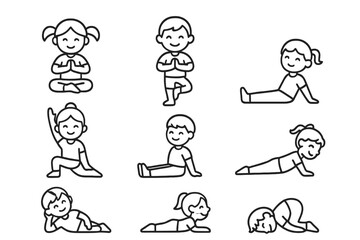 Naklejka premium Cute outline drawing of children demonstrating various basic yoga and stretching exercises