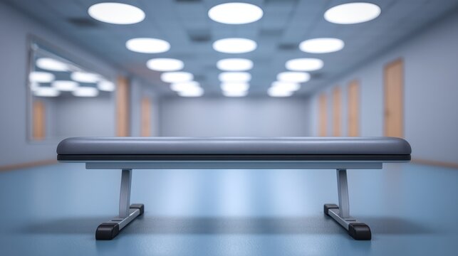 Modern empty room with a padded exercise bench in the center and circular ceiling lights illuminating the space for fitness or rehabilitation activities