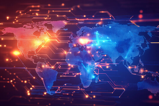 Abstract world map with glowing lines light technology - Powered by Adobe
