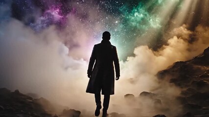 Silhouette figure gazing at vibrant cosmic sky with nebula and stars in a surreal landscape exploration journey mystery future concept