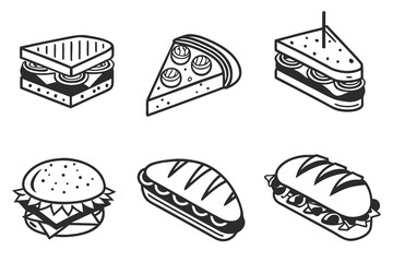 Minimalist black sandwich food icons set