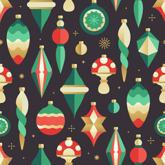 Merry Christmas and Happy New Year holiday seamless pattern with tree toys, baubles, knick knacks, mushrooms and decorations. Vector illustration.