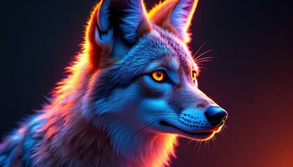 Vibrant wolf illustration with neon lighting. Digital art of wild canine with glowing amber eyes. Futuristic predator portrait with blue, orange fur. Majestic fantasy creature isolated on dark