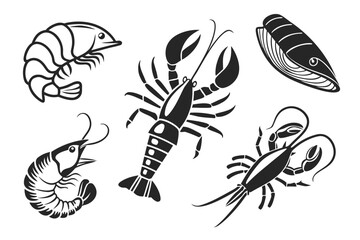 Minimalist seafood icons set black vector graphics