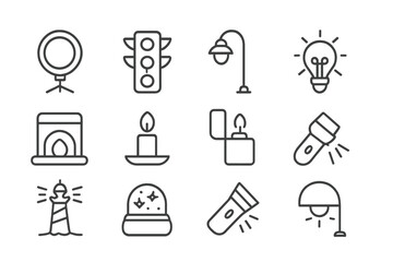 Set of outline icons showing light sources like street lamps, traffic signals, ring lights, and electric bulbs