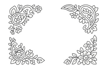 Decorative corner frame elements with traditional paisley and floral ornamental motifs