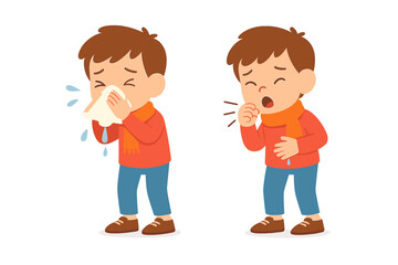 Young boy sneezing into a tissue and coughing due to cold, flu, or allergies