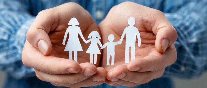 Caring for Family: A pair of hands tenderly cradles a paper cutout family, symbolizing care and protection, focusing on the core value of togetherness and well-being.