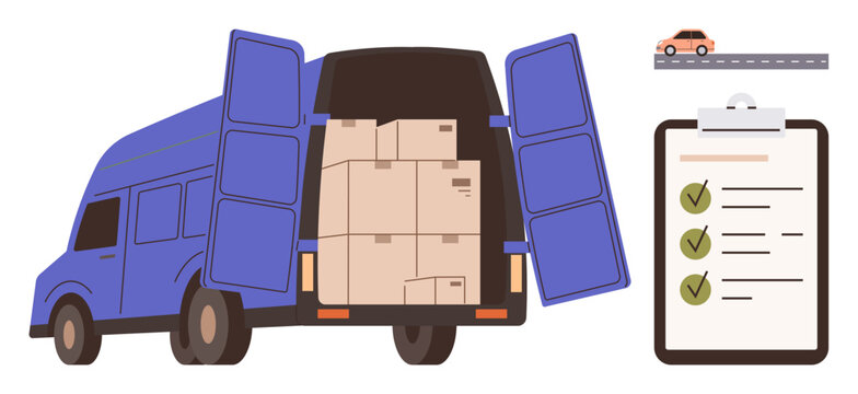 Delivery van with open doors revealing packed boxes, checklist with marked tasks, and road with moving car. Ideal for shipping, logistics, planning, efficiency, organization, inventory transport