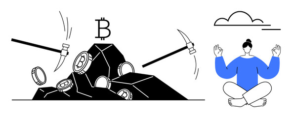 Mining tools extracting Bitcoin from rocks as coins scatter. Calm meditating person emphasizes balance in digital work. Ideal for cryptocurrency, investments, balance, mindfulness, technology