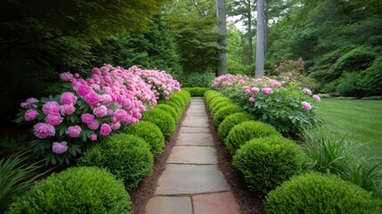 Beautiful garden pathway lined with vibrant pink peonies and lush green bushes in a peaceful natural setting, perfect for landscape and horticulture themes
