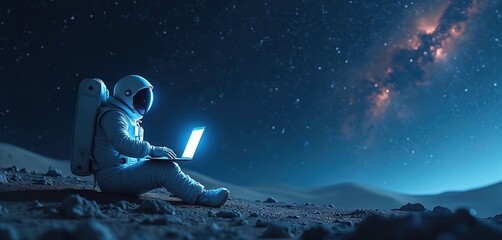 Astronaut sits on moon surface with laptop. Space explorer types on computer under stars. Galaxy view, lunar landscape, remote work, future tech. Communication in cosmos.
