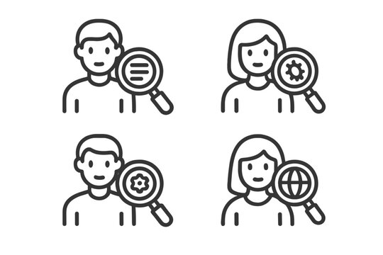 People analyzing data and settings using magnifying glasses with various symbols
