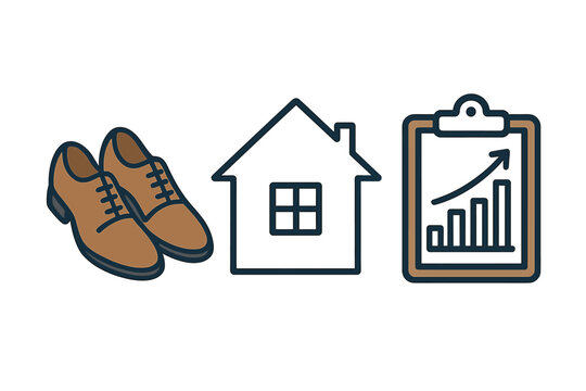 Business shoes, house outline, and financial growth chart on a clipboard for career concepts
