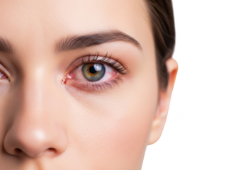 Close up of a woman s irritated red eye with a clear pupil isolated on transparent background