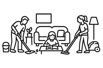 Mother and father cleaning and tidying the living room while their daughter reads a book on the couch