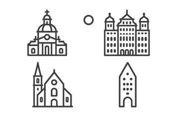 Naklejka premium Minimalist outline icons of European historical architecture and city landmarks