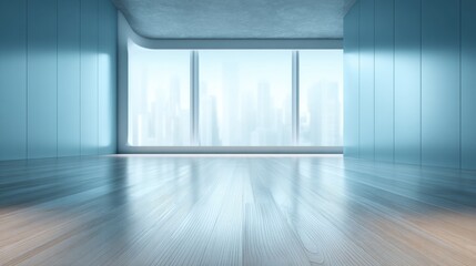 Fototapeta premium Bright and Spacious Modern Room with Large Windows Overlooking a City Skyline, Ideal for Interior Design, Photography, and Background Use