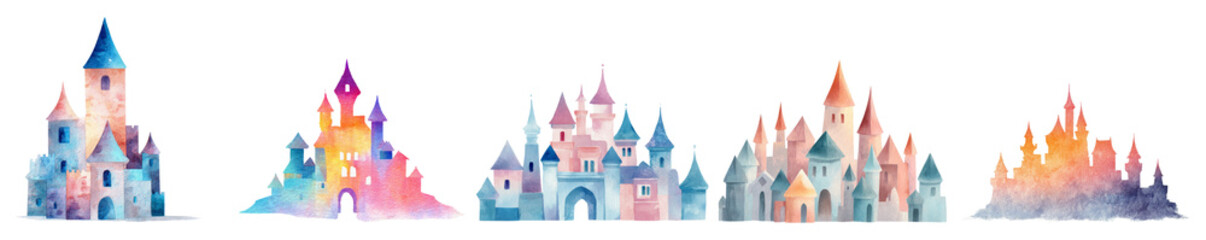Fototapeta premium Watercolor fantasy castles with magical colorful towers and whimsical isolated on transparent background