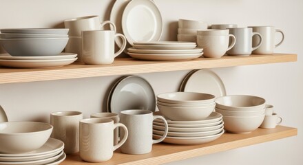 Obraz premium Neutral Tones Crockery on Wooden Shelf Display 