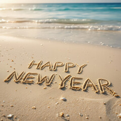 Happy New Year écrit sur le sable d’une plage tropicale