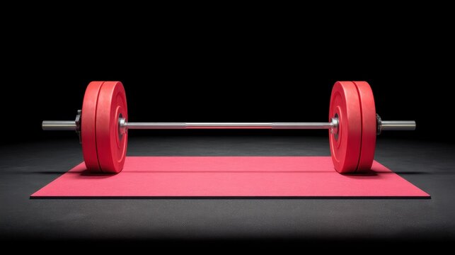 Weightlifting Equipment on a Bright Red Mat with Weight Plates for Strength Training and Fitness Activities in a Studio Setting with Dark Background