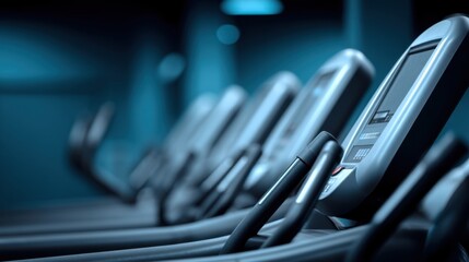Modern gym interior with fitness equipment featuring treadmills and exercise machines in a dimly lit space for health and wellness enthusiasts