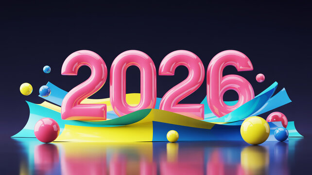 Bright and colorful 2026 numbers with abstract shapes and spheres
