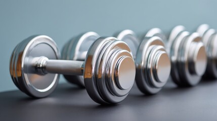 Close-up of silver dumbbells arranged neatly on a dark surface with a soft blue background ideal for fitness, training, exercise, and health promotion themes