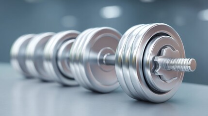 Close-Up View of a Shiny Chrome Dumbbell on a Gym Floor with Blurred Background, Highlighting Fitness and Strength Training Equipment