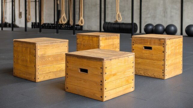 Wooden training boxes arranged in gym for fitness workouts, exercise equipment, plyometric jumps, personal training sessions, strength conditioning and more