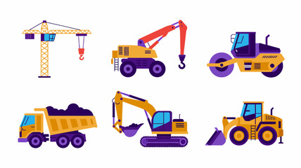 Naklejka premium Construction site vehicles and heavy machinery, industrial equipment set