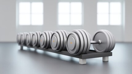 Row of metallic gym dumbbells arranged neatly on a black rack in a bright, spacious fitness studio with large windows and minimalist design aesthetics