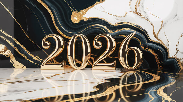 Golden 2026 numbers on a luxurious marbled background with abstract swirls