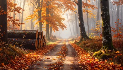 Autumn path winds through forest stillness—ritual of seasonal change and quiet contrast, where fallen leaves and stacked logs choreograph the emotional architecture of transition, memory, and natural 