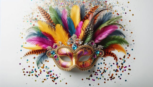 Vibrant masquerade accessory with confetti ideal for celebrations, parties, and holiday visuals.