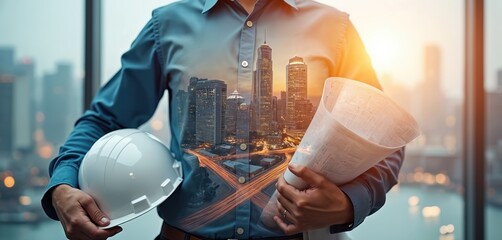 Male engineer overlay with urban city skyline. Man holds helmet and blueprints in his hands. Person plans new building project. Civil engineer at work. Future construction industry development vision.