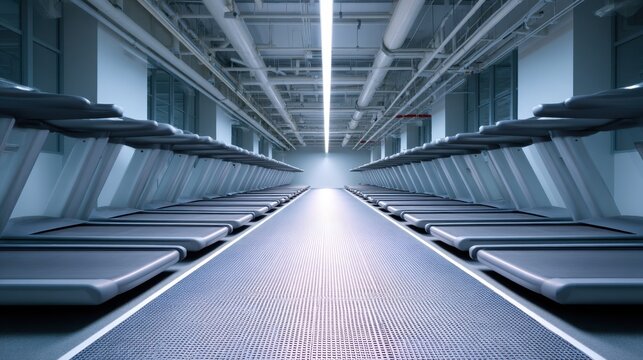 Empty, Modern Gym Interior with Rows of Treadmills Ready for Fitness Activities during Daytime Enjoyment of Exercise Equipment and Healthy Lifestyle