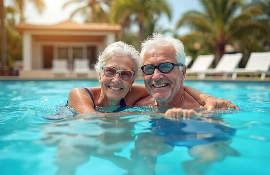 Senior couple hugs in blue swimming pool water on vacation. Old woman and man swim together, relax. People smile, enjoy retirement, summer, sport, health, wellbeing at home. - Powered by Adobe