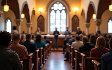 A community gathering in a local synagogue, hosting an interfaith dialogue event to celebrate Jewish American Heritage Month. High quality